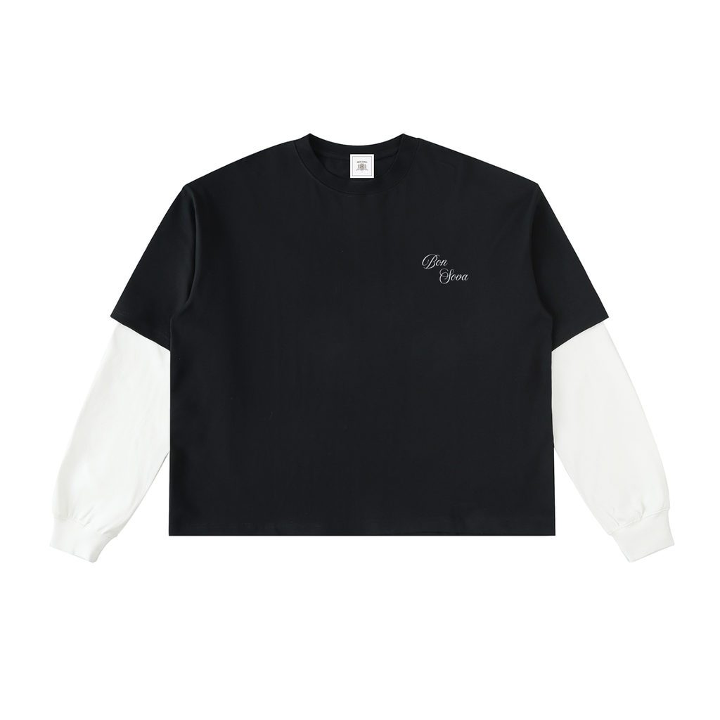 Semi-Boxy Script Layered Contrast Sleeves T-Shirt